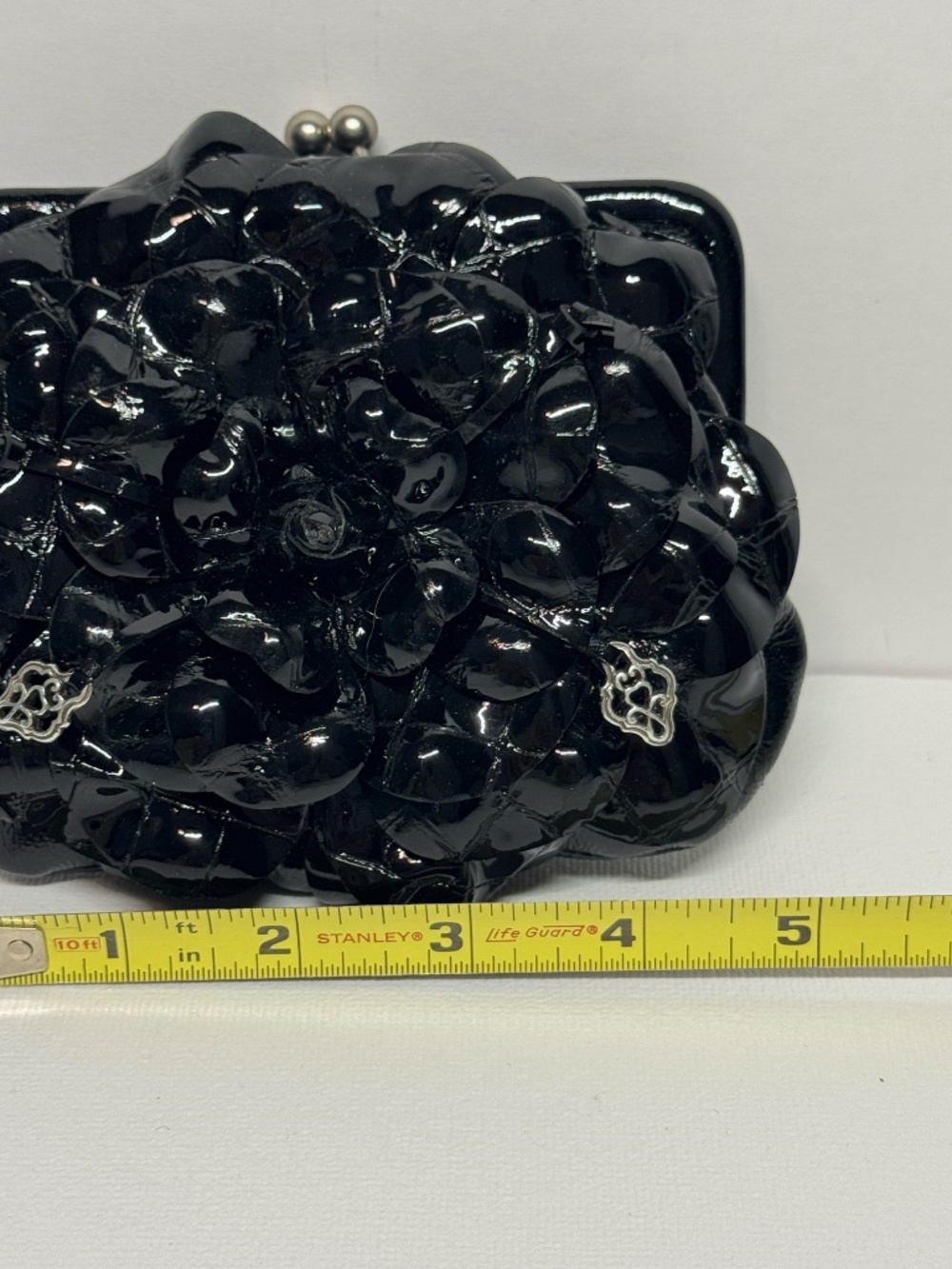 Brighton NEW Roselie Shine Kiss Lock Black Patent Leather Floral Clutch W/ Chain - Picture 8 of 11